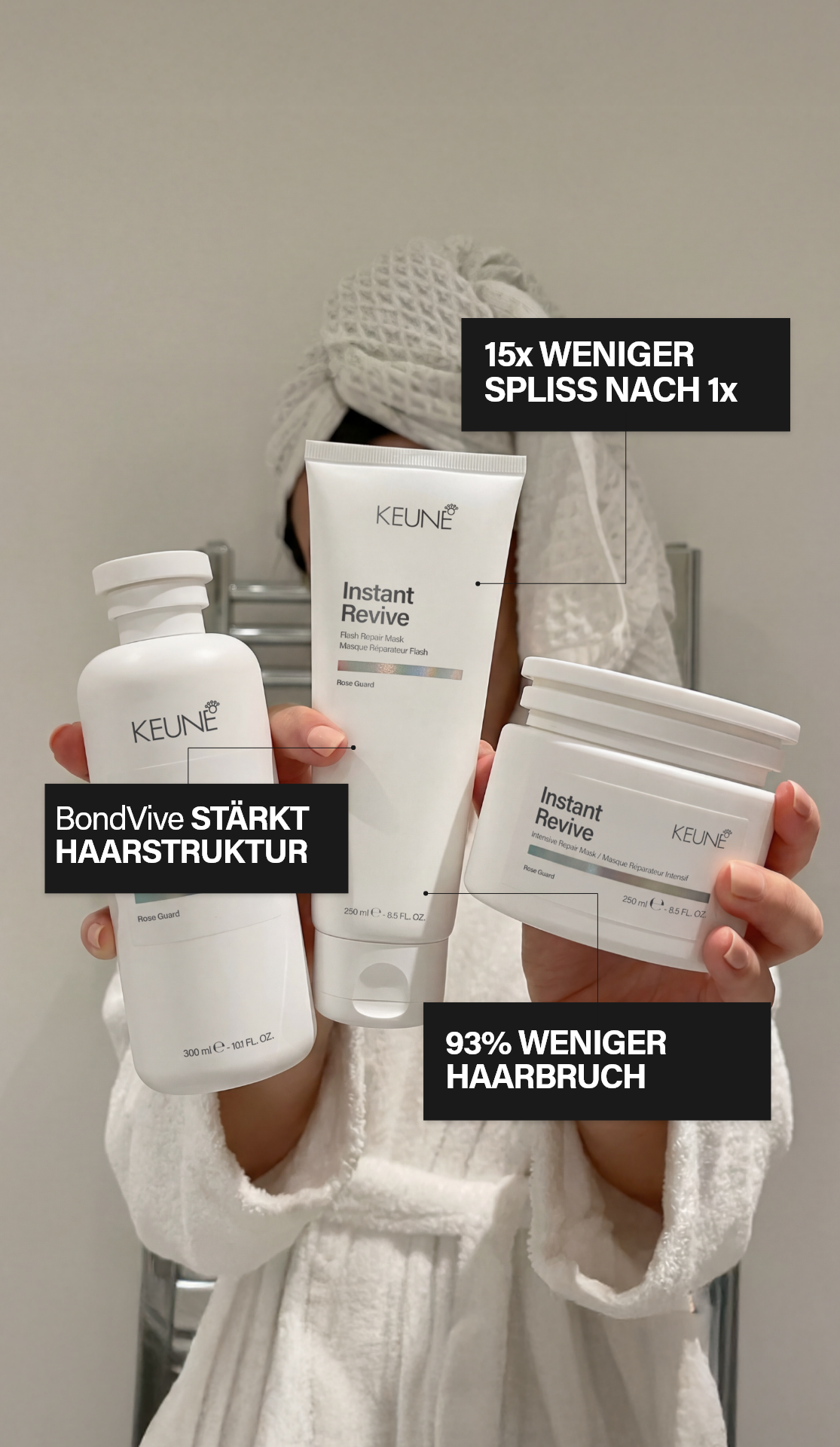 Repariere geschädigtes Haar sofort! Instant Revive Flash Maske für hydratisiertes, kräftiges Haar. Shoppe jetzt auf keune.ch!
