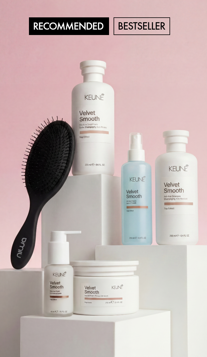 Keune Frizz-Free Pro Set with detangler brush for smooth, silky hair.