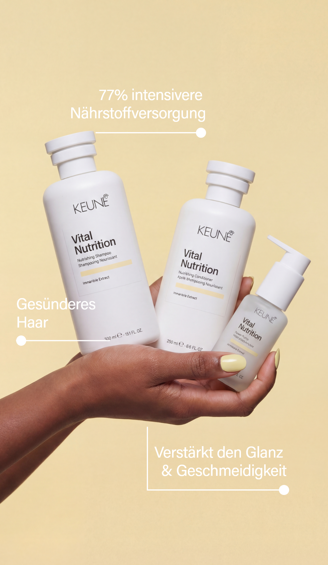 Ideales Haarpflegeprodukt für stumpfes, strapaaziertes und trockenes Haar ist die Vital Nutrition Mask. Haar glättet, stärkt und Glanz verleiht. Auf keune.ch.